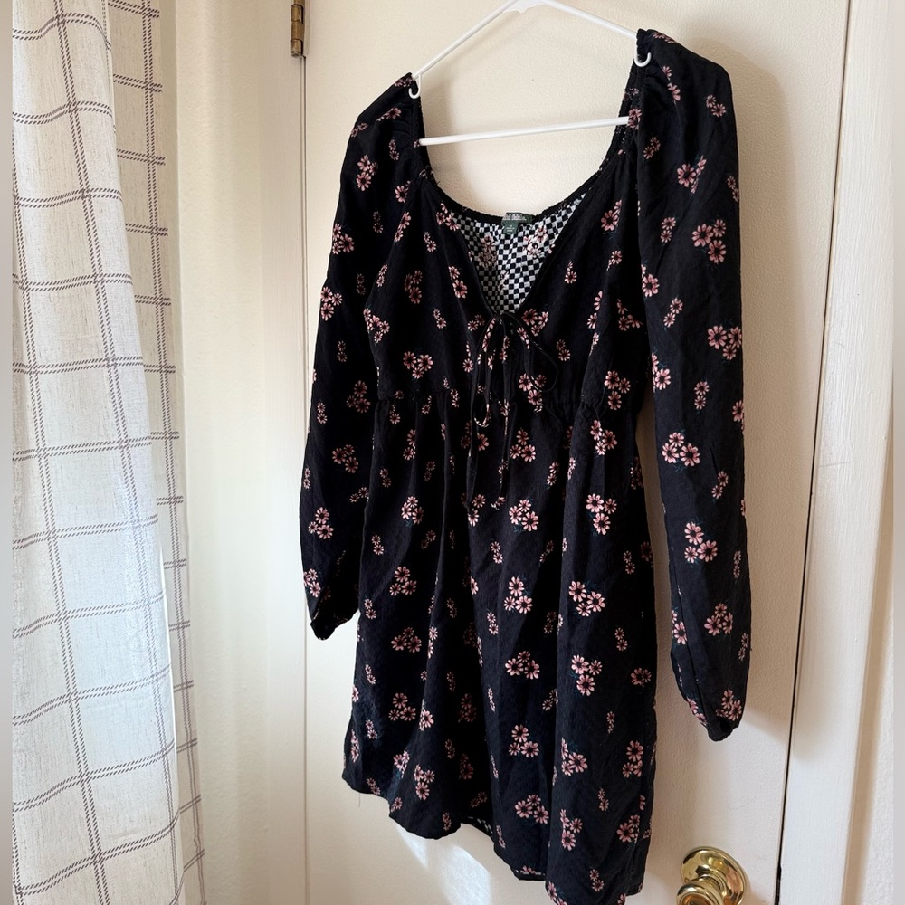 Wild Fable Black Checkered Dress with Pink Floral Design